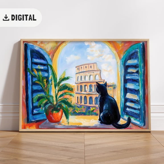 Rome Colosseum Wall Art, Black Cat Italy, Rome Cityscape View Balcony Decoration Unframed Paper Print