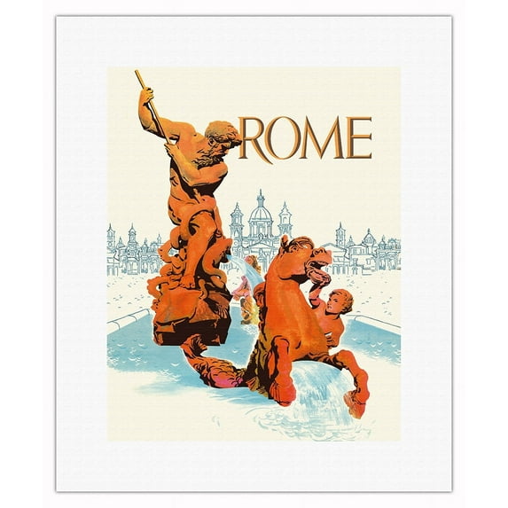 Rome Italy - Fountain of Neptune - Vintage Travel Poster by David Klein c.1950s - Fine Art Rolled Canvas Print 11in x 14in