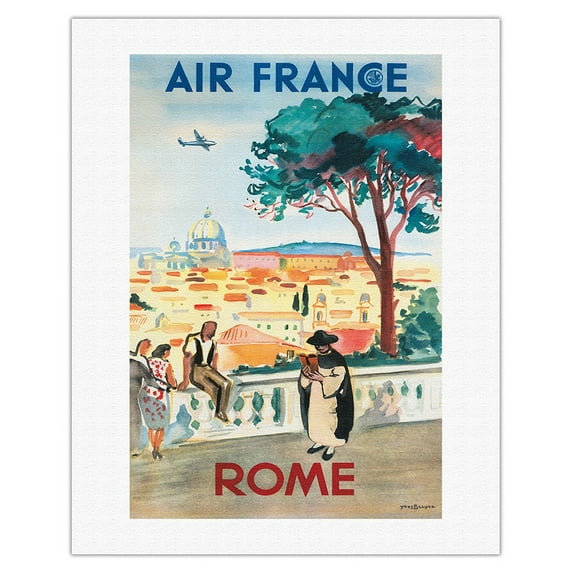 Rome Italy - France - St. Peters Basilica - Vintage Airline Travel Poster by Yves Brayer c.1949 - Fine Art Rolled Canvas Print 20in x 26in