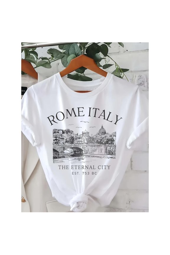 Rome Italy Letter Print T-shirt, Short Sleeve Crew Neck Casual Top For Summer & Spring, Women's Clothing