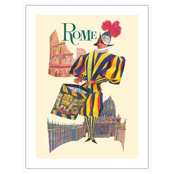 Rome Italy - Pontifical Swiss Guard Vatican City - Vintage Travel Poster by David Klein c.1960 - Fine Art Matte Paper Print (Unframed) 18x24in