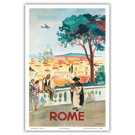 Rome Italy - St. Peters Basilica - Vintage Airline Travel Poster by Yves Brayer c.1949 - Master Art Print (Unframed) 12in x 18in