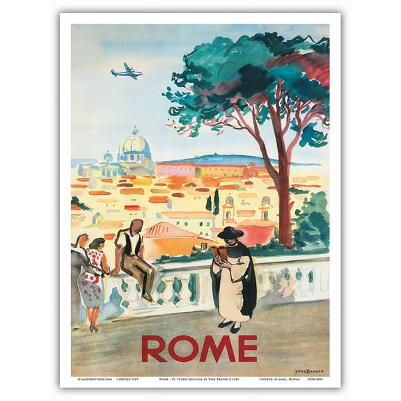 Rome Italy - St. Peters Basilica - Vintage Airline Travel Poster by Yves Brayer c.1949 - Master Art Print (Unframed) 9in x 12in