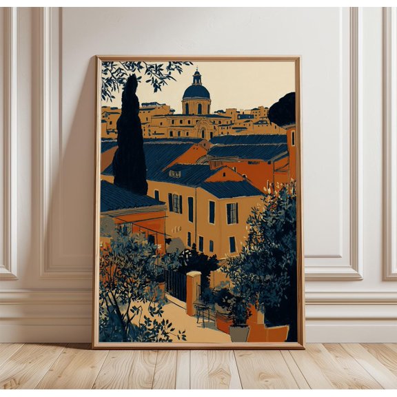 Rome Italy Warm Rooftop Scene With Dome Skyline Vintage Travel Wall Art Decor Home Decor Office Wall Art