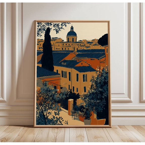 Rome Italy Warm Rooftop Scene With Dome Skyline Vintage Travel Wall Art Decor, Unframed Paper Print