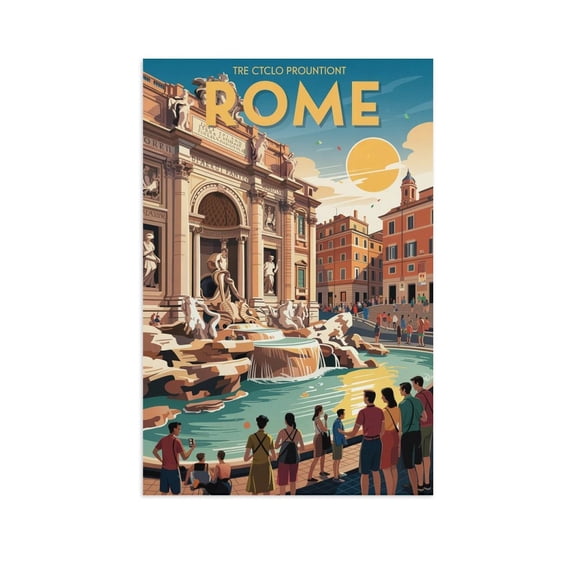 Rome Retro Travel Poster Vintage Italian City Tourism with Trevi Fountain & Spanish Steps Canvas Poster
