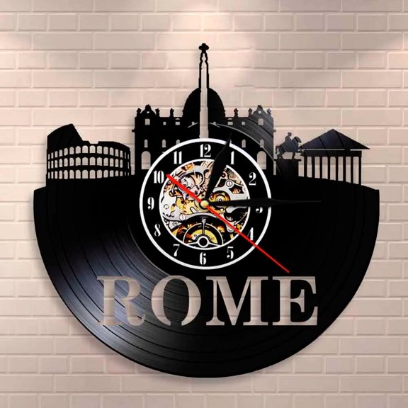 Rome Skyline Vinyl Wall Clock,Vinyl Record Clock Wall Art Black Handmade Art Home Unique Gift idea