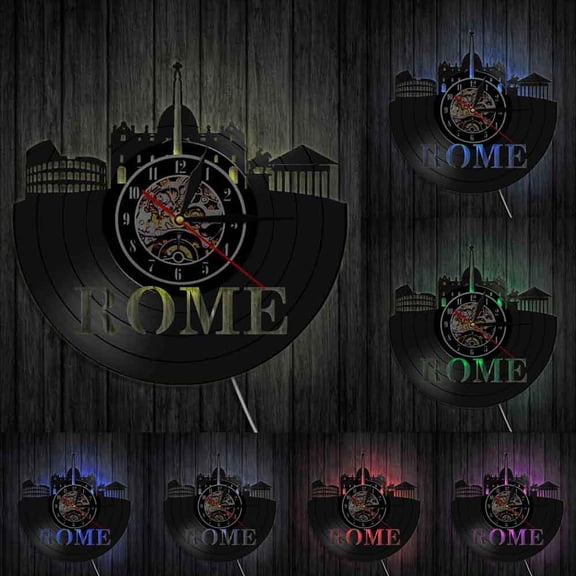 Rome Skyline Wall Clock Italy Capital Cityscape Vinyl Record Wall Clock Rome Landmarks Silhouette Wall Art Decorative Wall Watch With LED