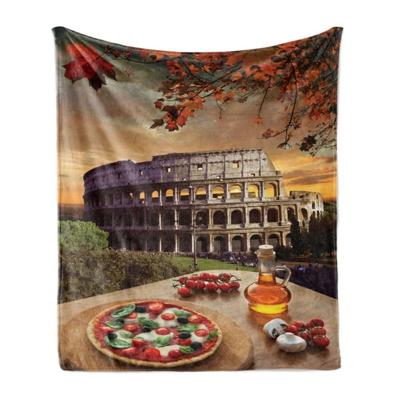 Rome Soft Flannel Fleece Blanket, Colosseum Italy Pizza Fall Leaves European Italian Picture Traditional Food at Autumn, Cozy Plush for Indoor and Outdoor Use, 50" x 60", Red Brown, by Ambesonne