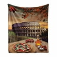 thumbnail image 1 of Rome Soft Flannel Fleece Blanket, Colosseum Italy Pizza Fall Leaves European Italian Picture Traditional Food at Autumn, Cozy Plush for Indoor and Outdoor Use, 60" x 80", Red Brown, by Ambesonne, 1 of 6