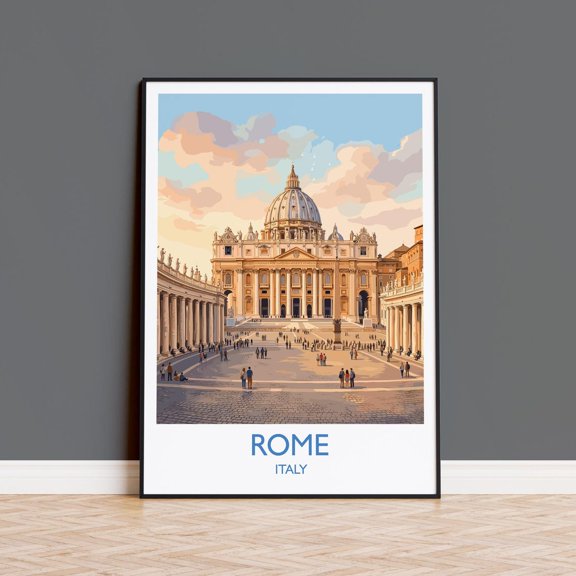 Rome St Peters Basilica Travel Vatican Skyline Wall Art Tiber River View Print Historic Cityscape Illustration Italy Decor