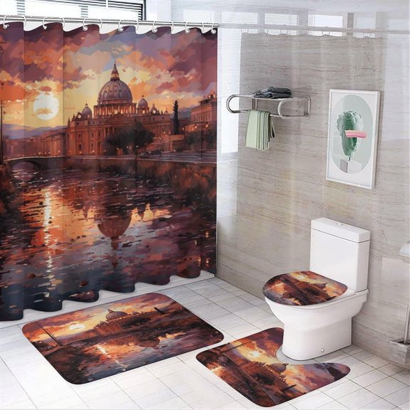 Rome Sunset Bathroom Sets with Shower Curtain and Rugs 4 Piece Shower Curtain Sets Bathroom Decor Set with Rugs Toilet Lid Cover and Bath Mat Incl Shower Curtain with 12 Hooks