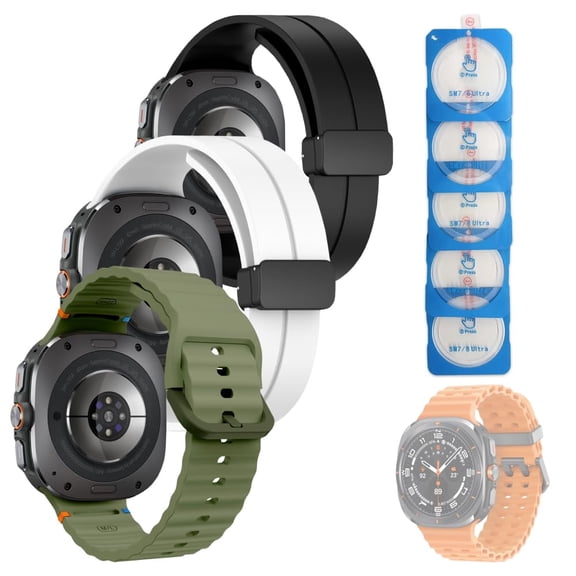 Rome Tech Bands and Tempered Glasses Compatible with Samsung Galaxy Watch Ultra - 3 Adjustable Silicone Bands and 5 Screen protectors - Black, White, Military Green
