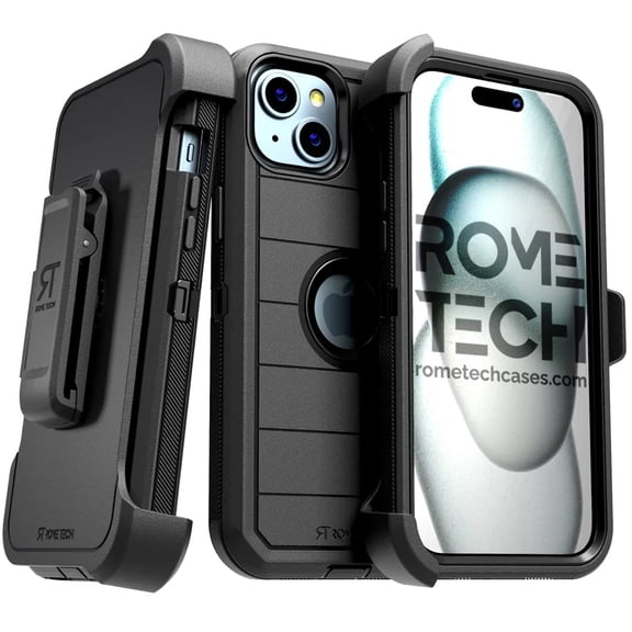 Rome Tech for Apple iPhone 15 (2023) Case with Belt Clip Holster & Kickstand, Dual-Layer Shockproof Case - Black
