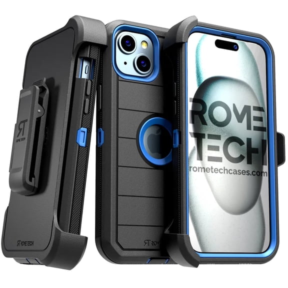 Rome Tech for Apple iPhone 15 Plus (2023) Case with Belt Clip Holster & Kickstand, Dual-Layer Shockproof Case - Black & Blue