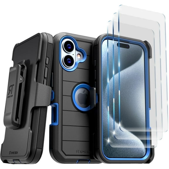 Rome Tech Apple iPhone 16 Case with Belt Clip - Black & Blue + 3-Pack Glass Screen Protector