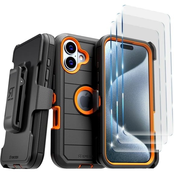 Rome Tech Apple iPhone 16 Case with Belt Clip - Black & Orange + 3-Pack Glass Screen Protector