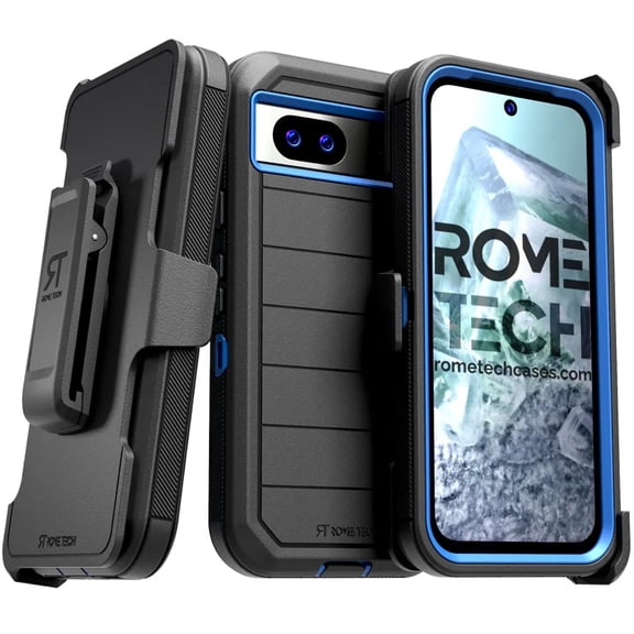 Rome Tech for Google Pixel 8a (2024) Case with Belt Clip Holster & Kickstand, Dual-Layer Shockproof Case - Black & Blue