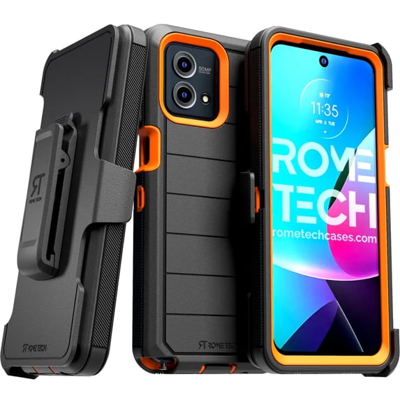 Rome Tech for Moto G Stylus 5G (2023) Case with Belt Clip Holster & Kickstand, Dual-Layer Shockproof Case - Black & Orange