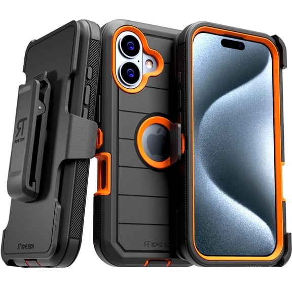 iPhone 16 Holster & Kickstand Shockproof Case - Black & Orange