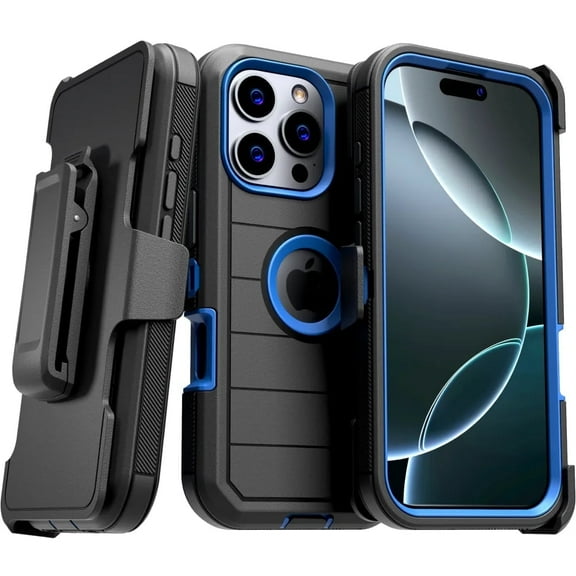 Defender Case for iPhone 16 Pro with Belt Clip, Kickstand, Dual-Layer, Black/Blue