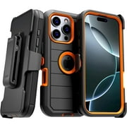 Defender Case for iPhone 16 Pro with Belt Clip, Kickstand, Dual-Layer, Black/Orange