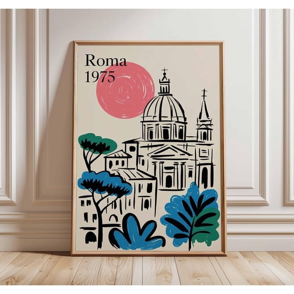 Rome Travel Poster Italian Wall Art Retro Roma Print Mediterranean Architecture Illustrati