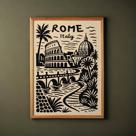 Rome Travel Poster: Retro Italy Art Print - Colosseum & St. Peter'S Basilica UNFRAMED Poster, Wall Art for Decor, Present, 8x12