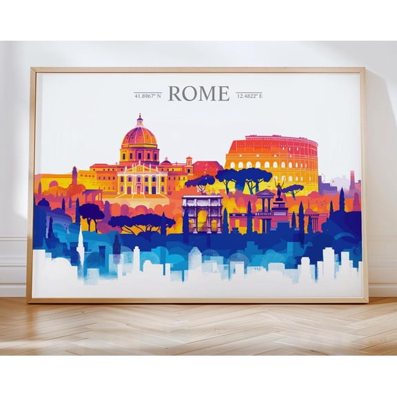 Rome Travel Poster Skyline Wall Art Landscape, Travel Print of Rome, Rome Art Lovers Gift, Italy Horizontal Art Gift, 16x24 UNFRAMED