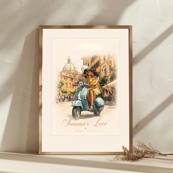 Rome Vespa Romantic Poster, Unframed Paper Poster 8x10in