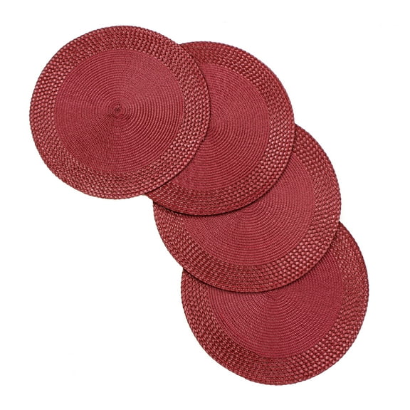 Rome Woven Braided Stitch Edge Table Placemats 15 Inches Round Set of 4 Non-Slip Dining & Kitchen Table Mats Burgundy