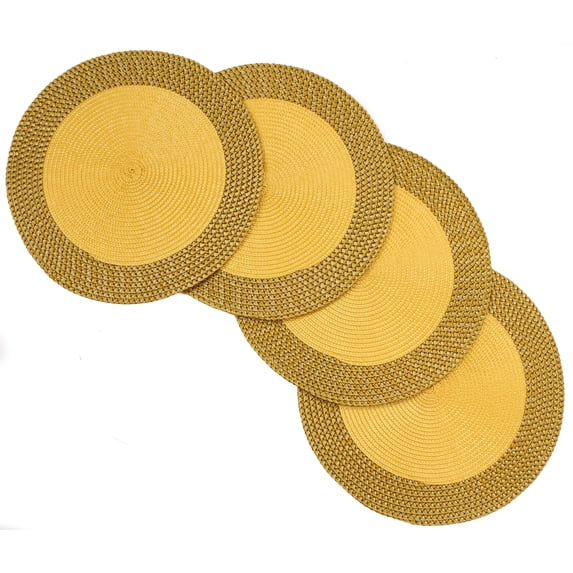 Rome Woven Braided Stitch Edge Table Placemats 15 Inches Round Set of 4 Non-Slip Dining & Kitchen Table Mats Yellow