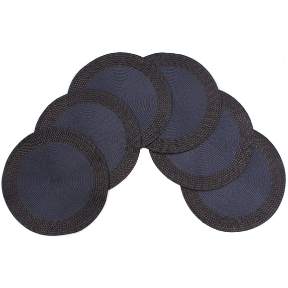 Rome Woven Braided Stitch Edge Table Placemats 15 Inches Round Set of 6 Non-Slip Dining & Kitchen Table Mats Navy Blue