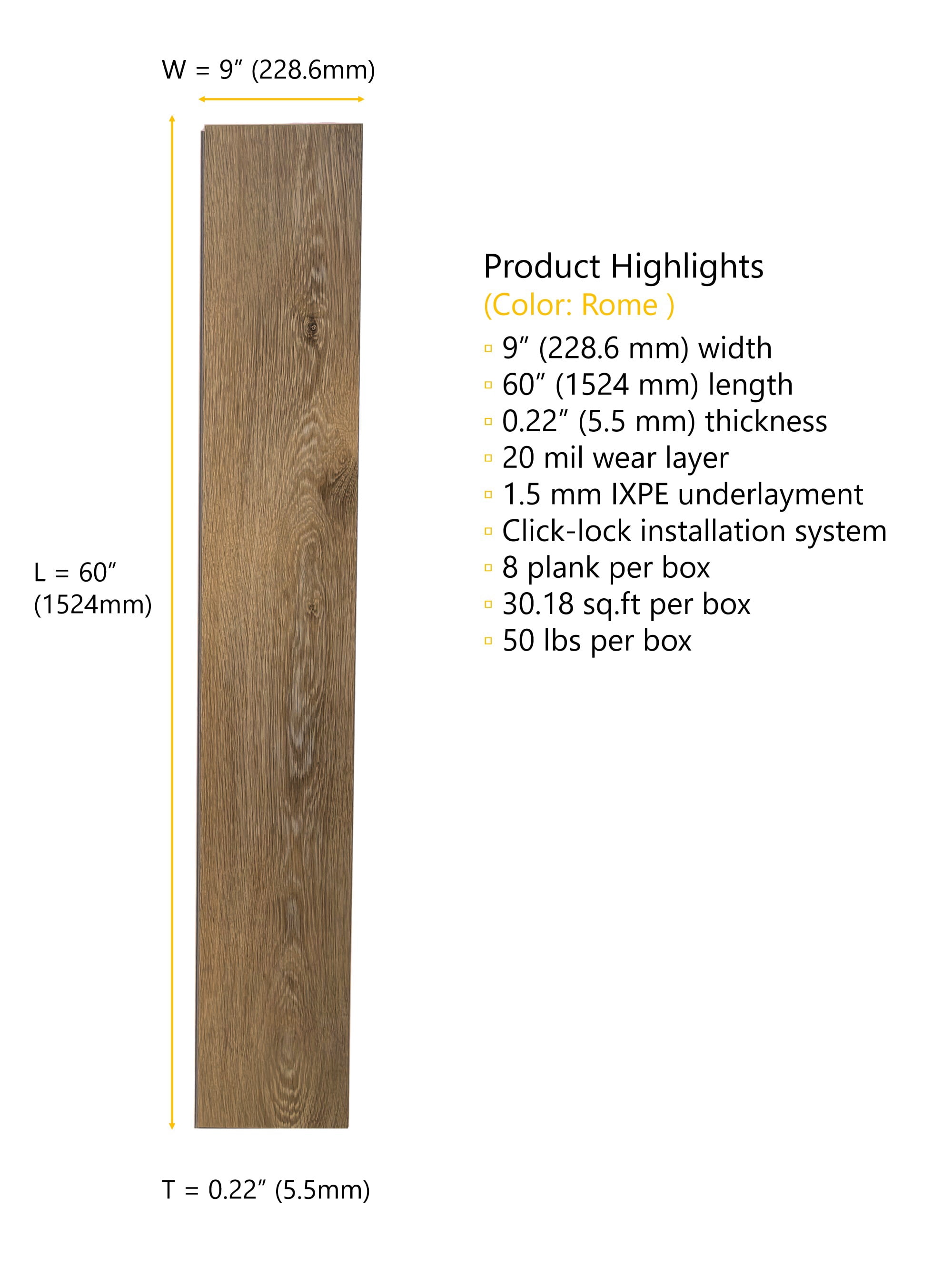 Rome (weathered brown) 20 MIL Wear Layer 5.5mm Thick x 9 in. W x 60 in. L Click Lock Waterproof Luxury Vinyl Plank Flooring with IXPE (30.18 sqft/case)