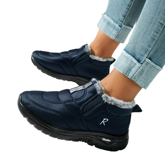 Roment Winter Boots for Women Seniors Lightweight Comfortable Fleece Lined Warm Slip on Snow Ankle Booties for Work Walking Nursing Outdoor Activities Blue Size 7.5