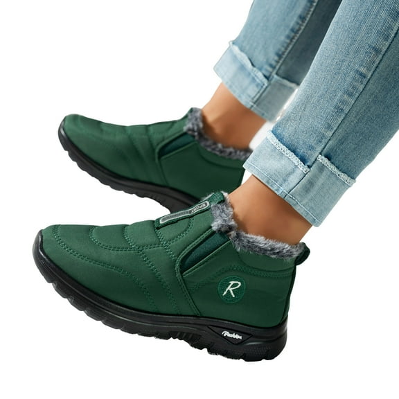 Roment Winter Boots for Women Seniors Lightweight Comfortable Fleece Lined Warm Slip on Snow Ankle Booties for Work Walking Nursing Outdoor Activities Green Size 7