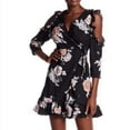 thumbnail image 1 of Romeo & Juliet BLACK MULTI Women's Cold Shoulder Faux Wrap Mini Dress S, 1 of 4