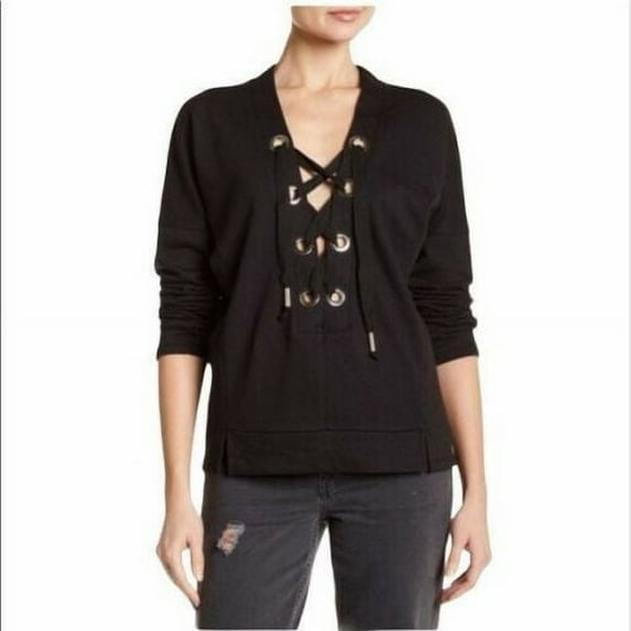 Romeo & Juliet BLACK Women's Grommet Tie- Neck Sweatshirt, S