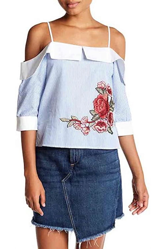 Cold Shoulder Spread Collar Floral Applique Blouse, Large