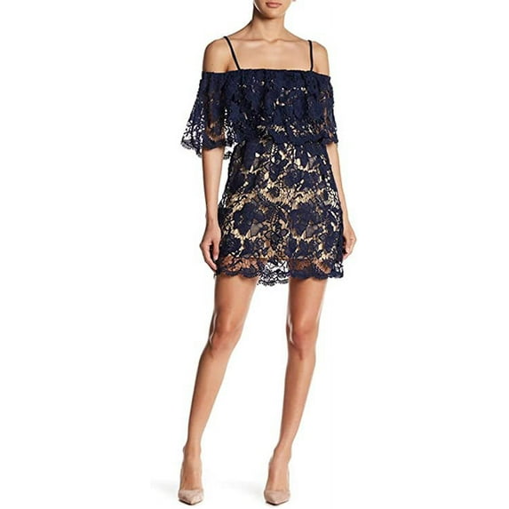 Romeo & Juliet Couture Lace Yoke Cold Shoulder Shift Dress Medium Navy