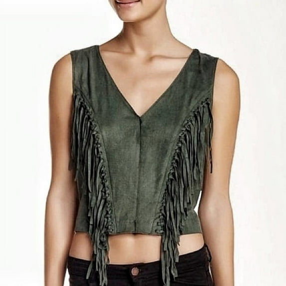 Romeo & Juliet GREEN Women's Faux Suede Tassel V-Neck Sleeveless Top L