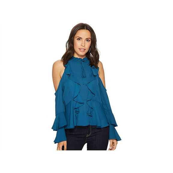 Romeo & Juliet INK BLUE Women's Cold Shoulder Ruffle Blouse L