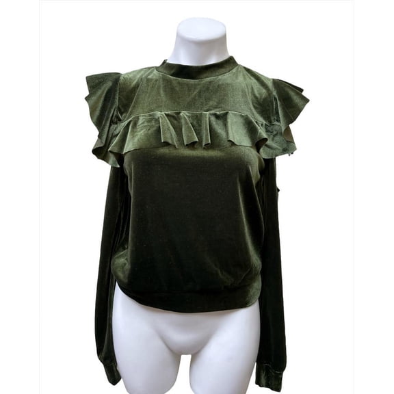 Romeo & Juliet OLIVE Women's Cold Shoulder Ruffle Velvet Velour Top L