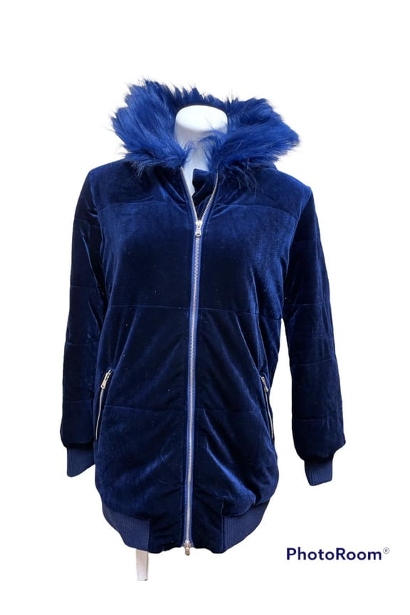 Romeo & Juliet ROYAL BLUE Women's Velvet Faux Fur Neck Puffer Jacket M