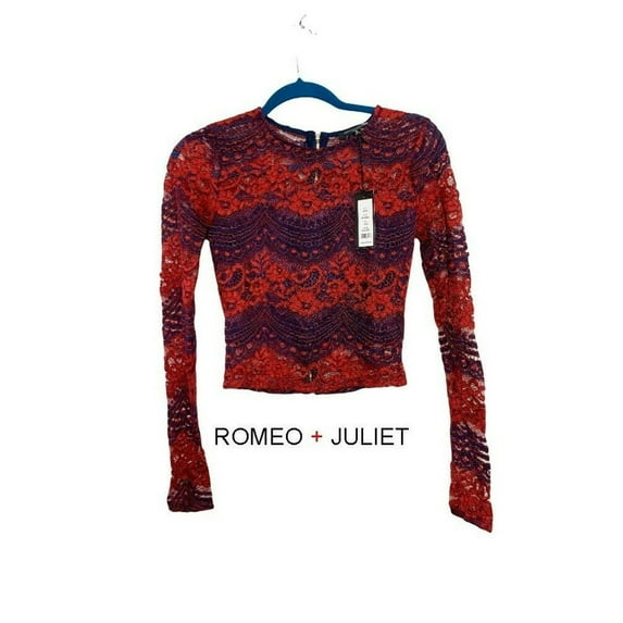 Romeo and Juliet BURGUNDY BLUE Women's Eyelet Lace Long Sleeve Blouse, S