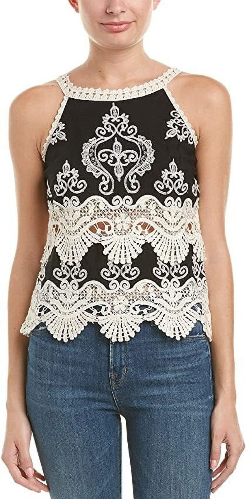 ROMEO & JULIET COUTURE Romeo and Juliet Couture BLACK/WHITE Women's Lace Neck and Trim Top, US Medium