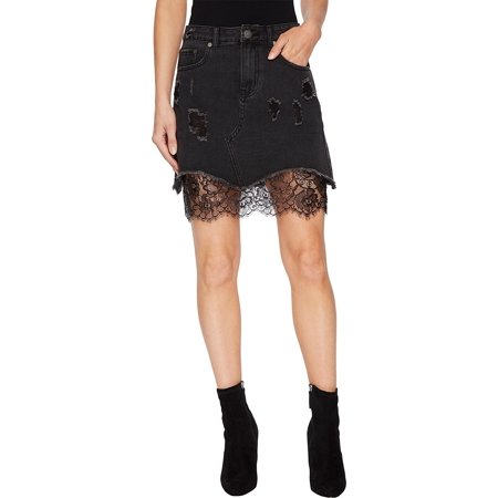Romeo and Juliet Couture BLACK Women's Distressed Denim Mini Skirt, US Large