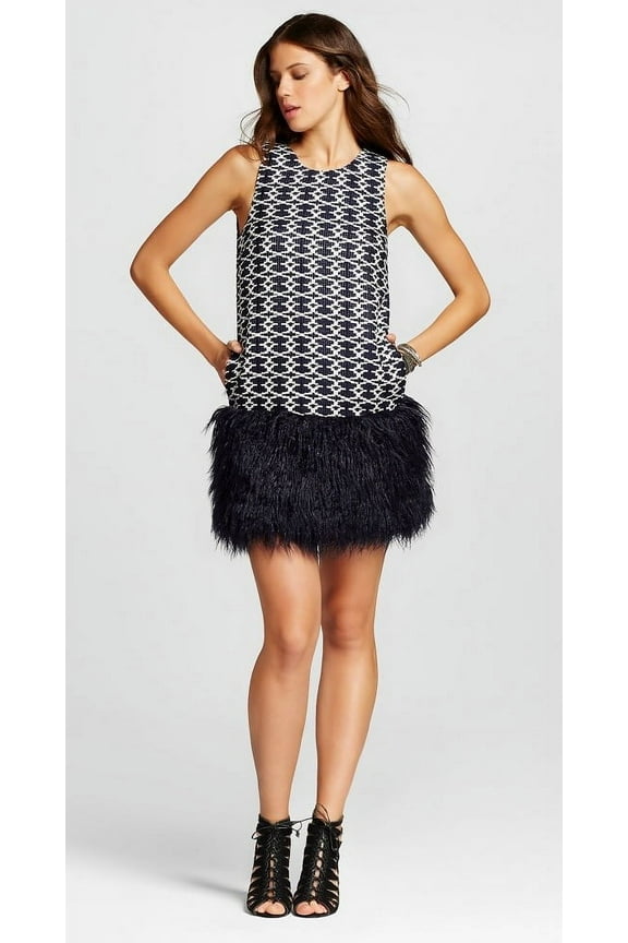 Romeo and Juliet Couture NAVY Shift Woven Dress with Feather Bottom, US Medium