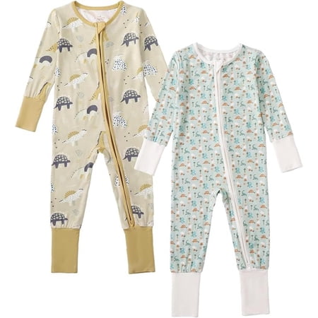RomperinBox Bamboo Baby Pajamas ,Soft Zipper Long-Sleeved Baby Bodysuits Sleepwear for Newborns & Infants 0-24 Months,2 Pack Unisex Toddler Pajamas