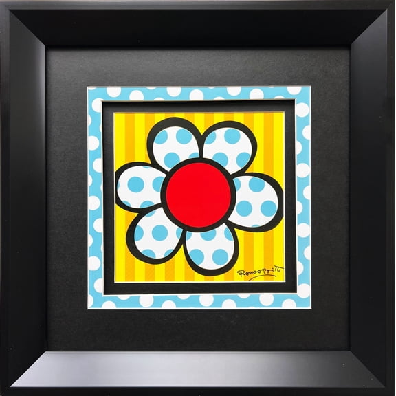 Romero Britto FRAMED "Flower Power" BLACK Frame BLUE Polka Dot Custom Matted Art Generic